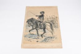 An original R. Caton Woodville sketch, dated 1889, depicting a mounted Oliver Cromwell, with drawn