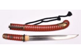 An O Tanto , with blade showing bonji and ken grooves, thin suguha hamon and tang with Kinisan