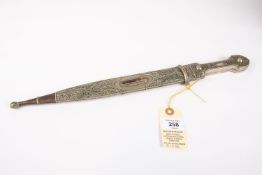 A decorative 20th century Caucasian kindjal, blade 11", the white metal hilt and sheath decorated on