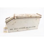 A WWII AFV machine gun ammunition box, marked "Box belt Vickers .303 MG No 10", complete with 250