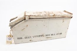 A WWII AFV machine gun ammunition box, marked "Box belt Vickers .303 MG No 10", complete with 250