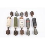 5 WWII etc 2" mortar bombs, all minus detonator fuse front section; also some components. GC £30-