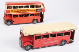 2 Tri-ang Minic clockwork and friction double deck/single deck buses. AEC RT, route 14 and an AEC