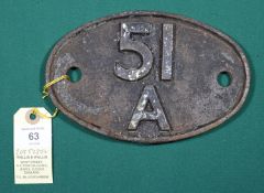Locomotive shedplate 51A Darlington 1950-1973, with a sub shed Middleton-in-Teesdale to 1957. Cast