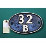 Locomotive shedplate 32B Ipswich 1950-1968. Cast iron plate in very good, believed to be unrestored,