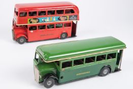 2 Tri-ang Minic clockwork and friction double deck/single deck buses. AEC RT, route 14 in red LT