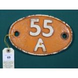 Locomotive shedplate 55A Leeds Holbeck 1957-1973. Cast iron plate with orange background in good,