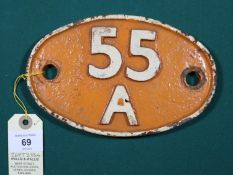 Locomotive shedplate 55A Leeds Holbeck 1957-1973. Cast iron plate with orange background in good,