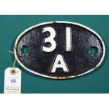 Locomotive shedplate 31A Cambridge 1950-1973. Cast iron plate in good condition with face