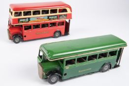 2 Tri-ang Minic clockwork double deck/single deck buses. AEC RT, route 14 in red and cream LT