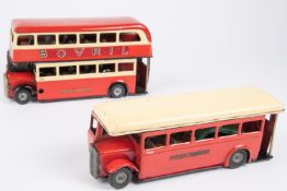2 Tri-ang Minic clockwork and friction double deck/single deck buses. AEC RT, route 177 in red and