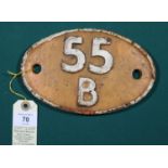 Locomotive shedplate 55B Stourton 1957-1967. Cast iron plate with orange background in good,