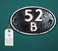 Locomotive shedplate 52B Heaton 1950-1963. Cast iron plate in good condition, believed to be an