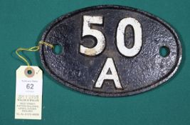 Locomotive shedplate 50A York 1950-1967. Cast iron plate in good, believed to be unrestored,