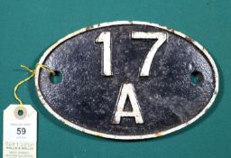 Locomotive shedplate 17A Derby 1950-1963. Cast iron plate in good, believed to be unrestored,