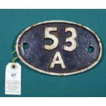 Locomotive shedplate 53A Hull Dairycoates 1950-1960. Cast iron plate in good, believed to be