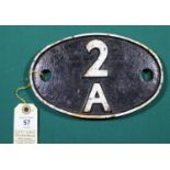 Locomotive shedplate 2A Rugby 1948-1963, with sub-sheds Market Harborough to 1955, Seaton to 1960.