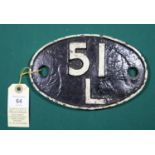 Locomotive shedplate 51L Thornaby 1958-1973. Cast iron plate in good, believed to be unrestored,