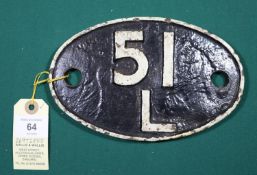 Locomotive shedplate 51L Thornaby 1958-1973. Cast iron plate in good, believed to be unrestored,