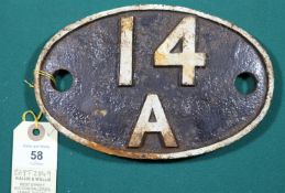Locomotive shedplate 14A Cricklewood 1950-1963. Cast iron plate in good, believed to be