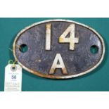 Locomotive shedplate 14A Cricklewood 1950-1963. Cast iron plate in good, believed to be