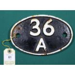 Locomotive shedplate 36A Doncaster 1950-1973. Cast iron plate in good condition, believed to be an