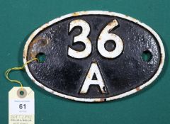 Locomotive shedplate 36A Doncaster 1950-1973. Cast iron plate in good condition, believed to be an