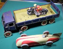 5x tinplate vehicles. Including 3x 1960s clockwork tinplate vehicles. A Chad Valley land speed