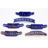 6x British Railways (Western Region) totem and fishtail style cap badges by Gaunt, Pinches, etc (one