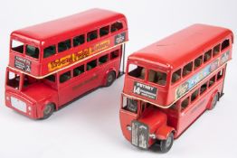 2 Tri-ang Minic friction double deck buses. Two versions, AEC RT, route 14 and a Routemaster route
