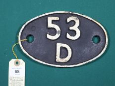 Locomotive shedplate 53D Bridlington 1950-1958. Cast iron plate in good, believed to be unrestored