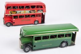 2 Tri-ang Minic clockwork double deck/single deck buses. AEC RT, route 14 in red LT livery. Plus a