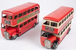 2 Tri-ang Minic clockwork double decker buses. Two versions, one in red and cream, route 177 and one