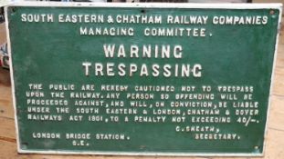 A South Eastern & Chatham Railway Companies Managing Committee cast iron sign. Public Warning Not to