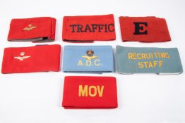 A good selection of RAF related arm bands, including MOV, WWII Embarkation Officer, Traffic Control,