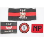 RAF Police armbands, various ranks, printed, embroidered including early RAF SP, (some cut) 13' plus