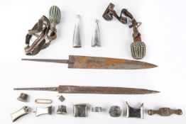 A useful lot of WWII Third Reich dagger parts, including blades, scabbard mounts, dress knots,