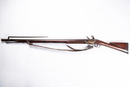 A 10 bore India pattern Brown Bess flintlock musket, the barrel with Tower private proofs and