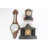 2x 19th Century slate clocks and a barometer. A large slate mantel clock with gilt face and fluted