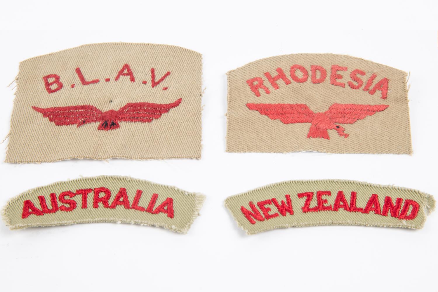 4 WWII RAF tropical cloth badges: BLAV (British Latin American Volunteers), Rhodesia, New Zealand