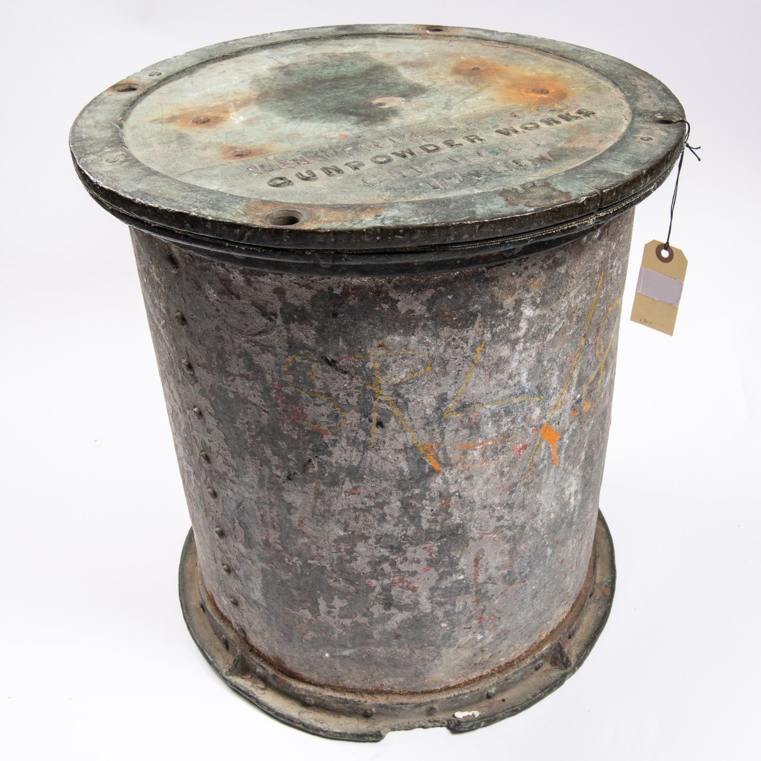 An interesting 19th century container from a Gunpowder Works, height 17½", maximum diameter 16",