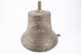 A brass bell, height 12", diameter at mouth 12", deeply engraved "EDDYSTONE 1954", the clapper