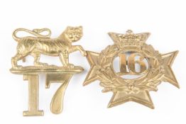 Pre 1881 glengarry badges of the 16th and 17th Regiments of Foot (KK 445 and 449). GC £50-100