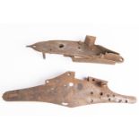 Parts of a mid 17th century English flintlock musket lock, comprising 7" plate with rectangular pan,