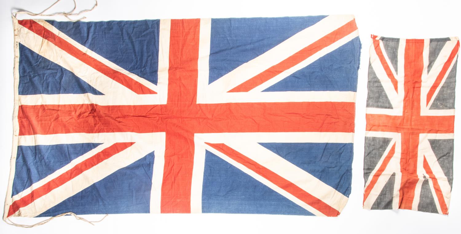 A WWII printed Union flag, 62" x 37"; another 31" x 16". GC £50-60