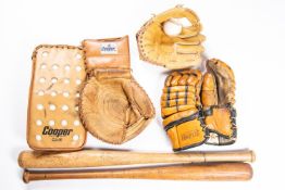 2 baseball bats, together with an assortment of catcher mitts. GC £150-200
