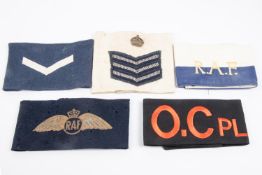 WWII RAF Dispatch Rider armband, 3 other misc RAF armbands plus old(?) printed RAF wing on