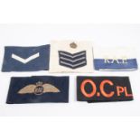 WWII RAF Dispatch Rider armband, 3 other misc RAF armbands plus old(?) printed RAF wing on