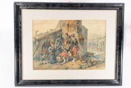 Orland Norie (1832-1901), watercolour "Zouaves" primarily showing a small group, at rest, the two