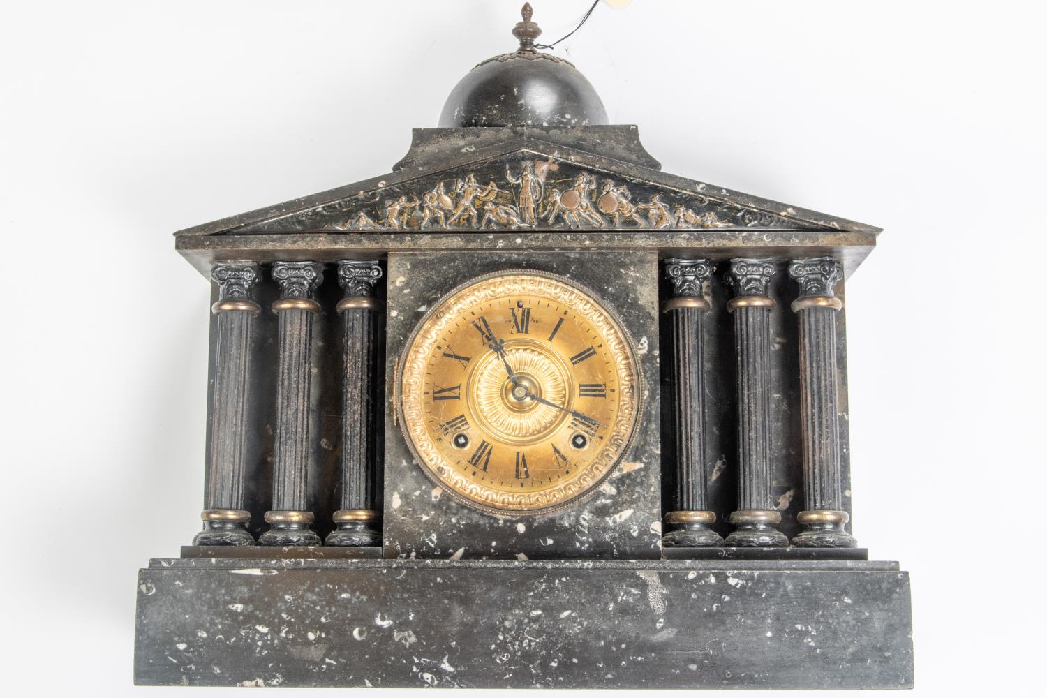 2x 19th Century slate clocks and a barometer. A large slate mantel clock with gilt face and fluted - Image 2 of 7